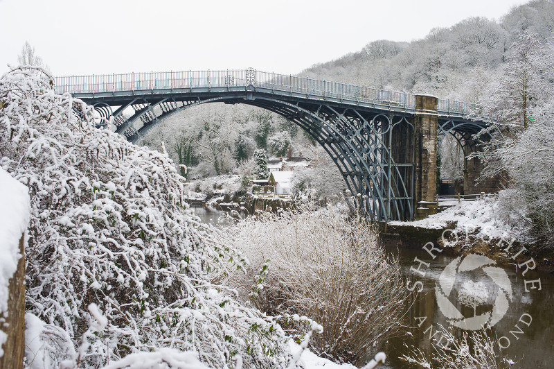 The Iron Bridge in winter at Ironbridge, Shropshire, England.