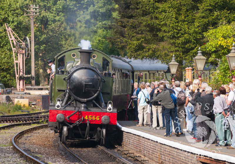 A GWR 4500 Class steam locomotive at Highley Station, Severn Valley Railway, Shropshire, England.