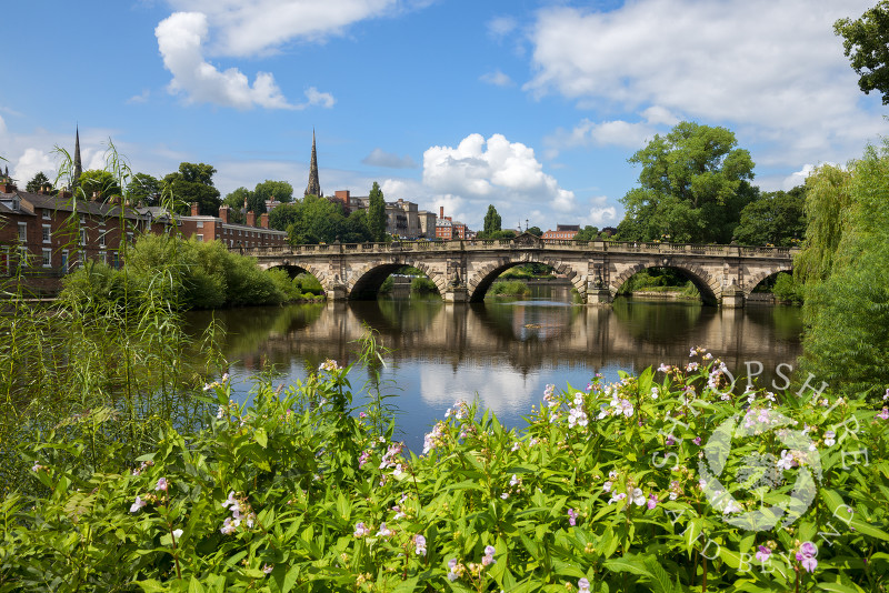 Summer sunshine on English Bridge over the River Severn in Shrewsbury, Shropshire.