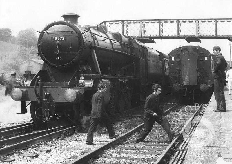 Steam locomotive LMS Stanier Class 8F 48773 seen at Bridgnorth Station on the Severn Valley Railway line, Shropshire, 1968.