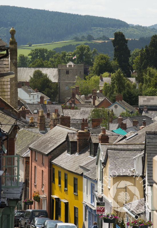 The view down High Street looking towards St John's Church, Bishop's Castle, Shropshire.
