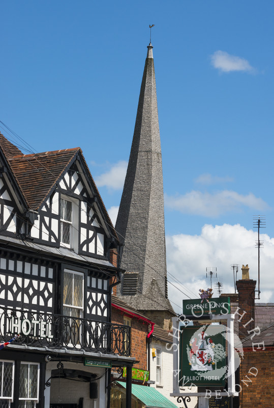 The town of Cleobury Mortimer and the twisted spire of St Mary's Church, Shropshire, England.