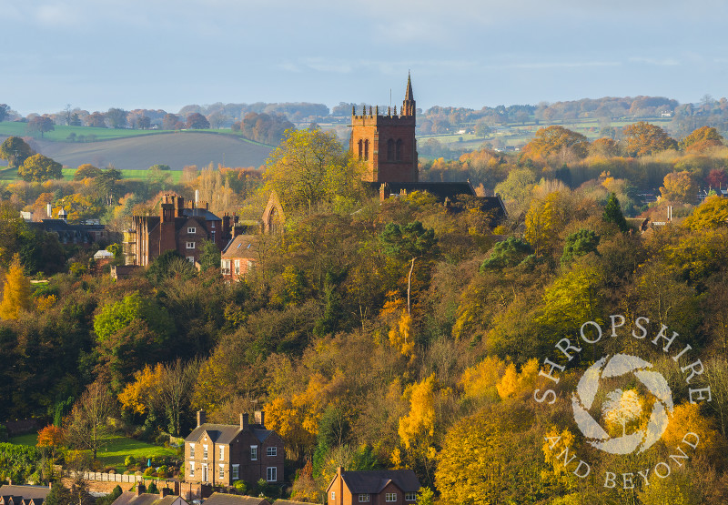 St Leonard's Church in Bridgnorth, Shropshire, surrounded by autumn colour, seen from High Rock.