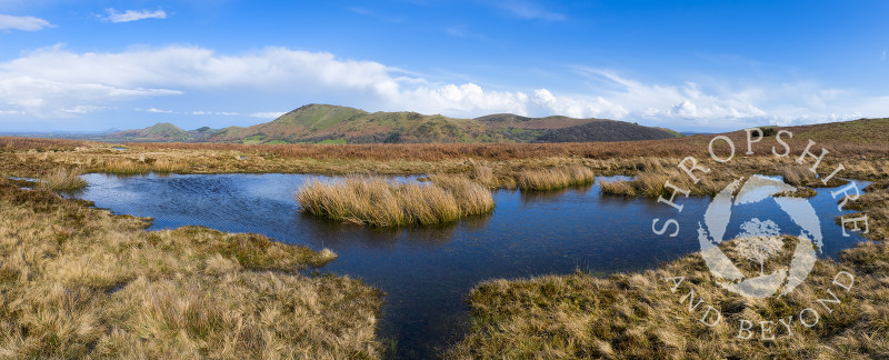 A panoramic view of  a pool on the Long Mynd with Caer Caradoc and the Lawley, Shropshire.