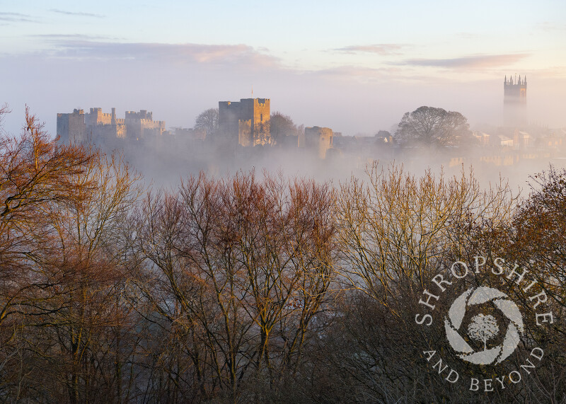 Ludlow Castle at sunrise, seen from Whitcliffe Common, Shropshire.