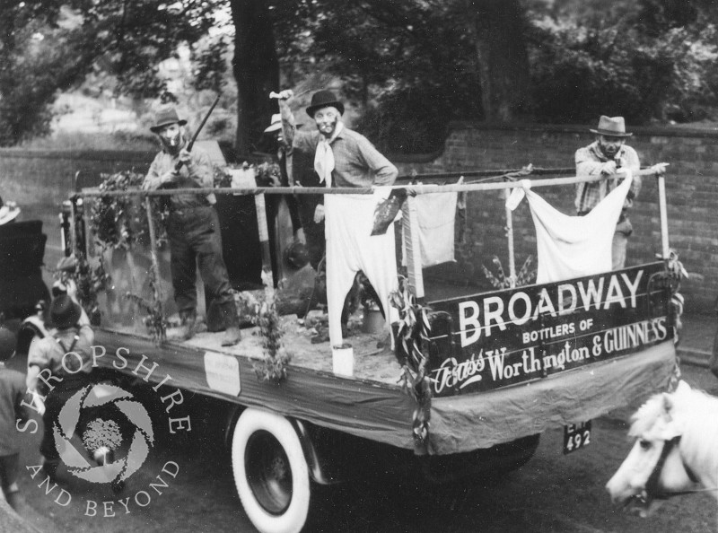 The Broadway Brewery Gold Diggers float at Shifnal Carnival, Shropshire,  in the 1950s.