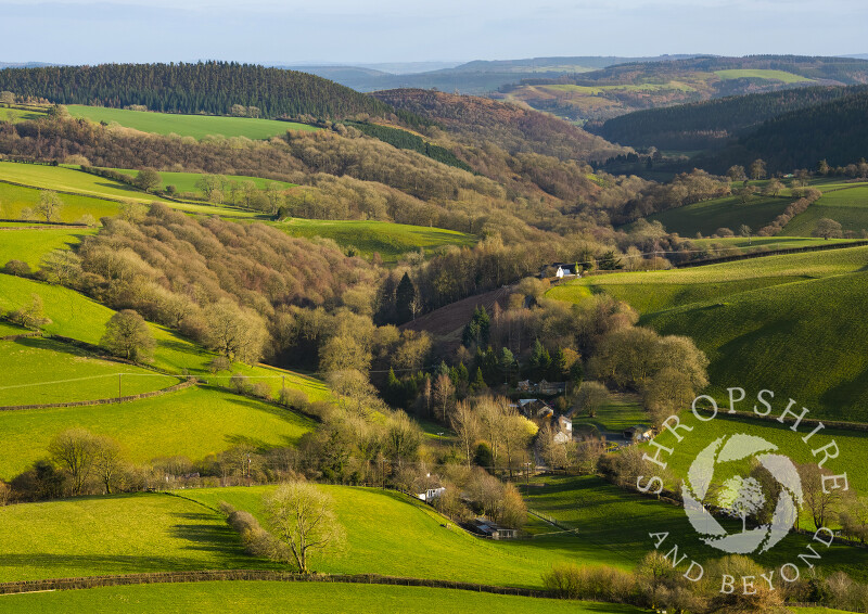 The hamlet of Obley in the Clun Valley, seen from Black Hill, Shropshire.