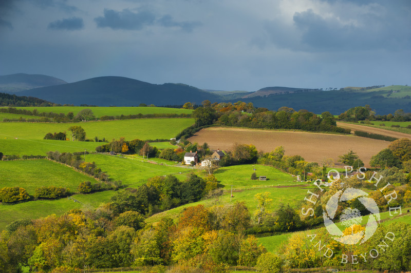 Stormy skies over Round Oak, seen from Hopesay Common, near Craven Arms, Shropshire, England.