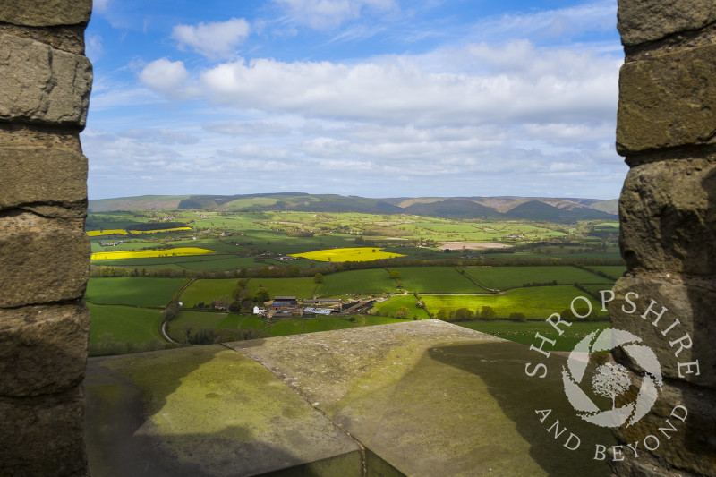 The view from the top of Flounders' Folly on Callow Hill, looking towards the Long Mynd, Shropshire, England.