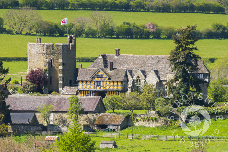 Stokesay Castle, near Craven Arms, Shropshire, seen from Nortoncamp Wood.