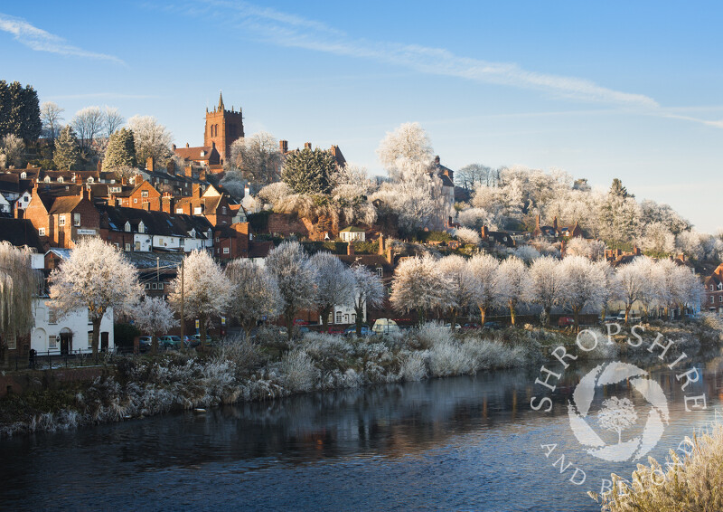 Bridgnorth under a layer of hoar frost reflected in the River Severn, Shropshire, England.