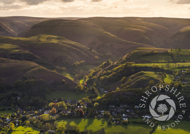 Batch Valley and the Long Mynd with the village of All Stretton, seen from Caradoc, Shropshire.