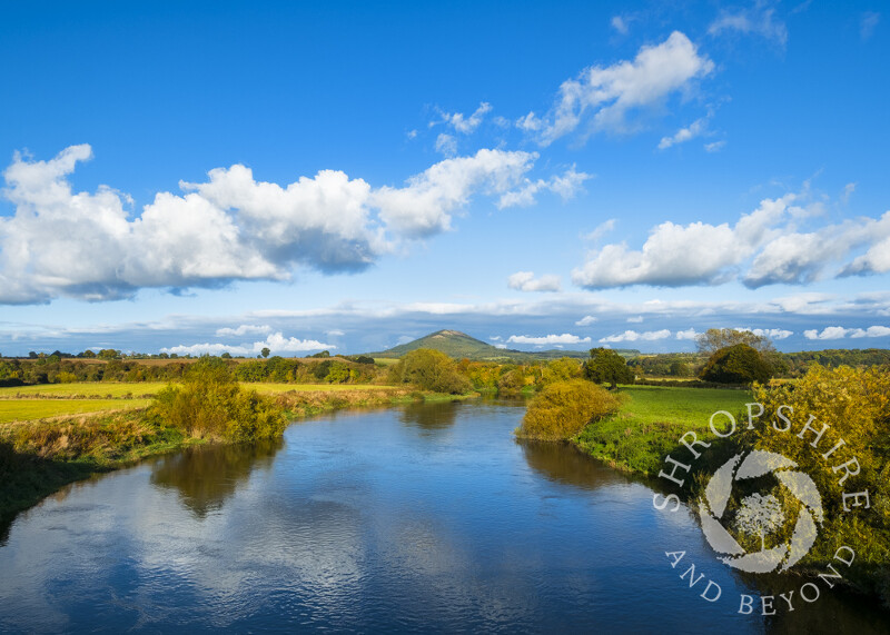 The Wrekin and River Severn seen from Cressage, near Much Wenlock, Shropshire.