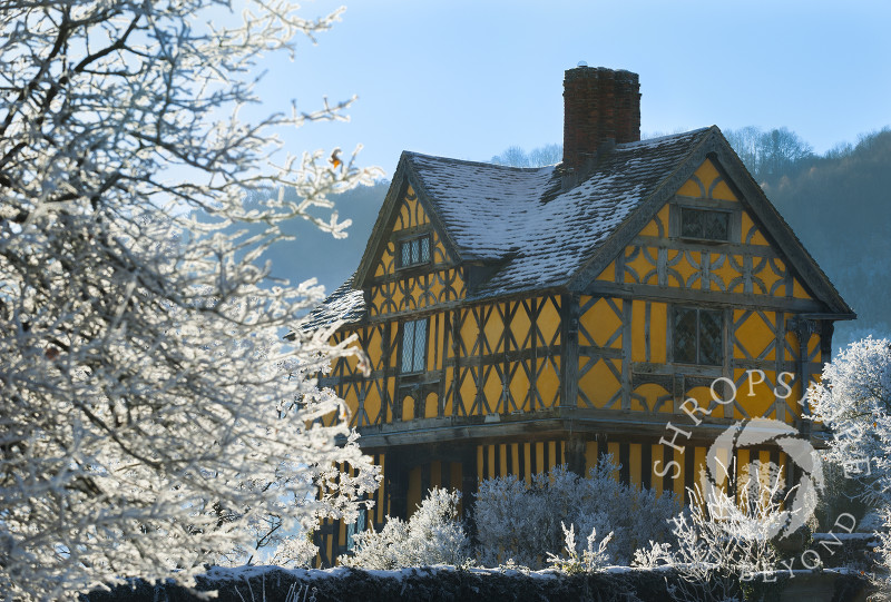 Hoar frost at the 17th century gatehouse of Stokesay Castle, near Craven Arms, Shropshire, England.