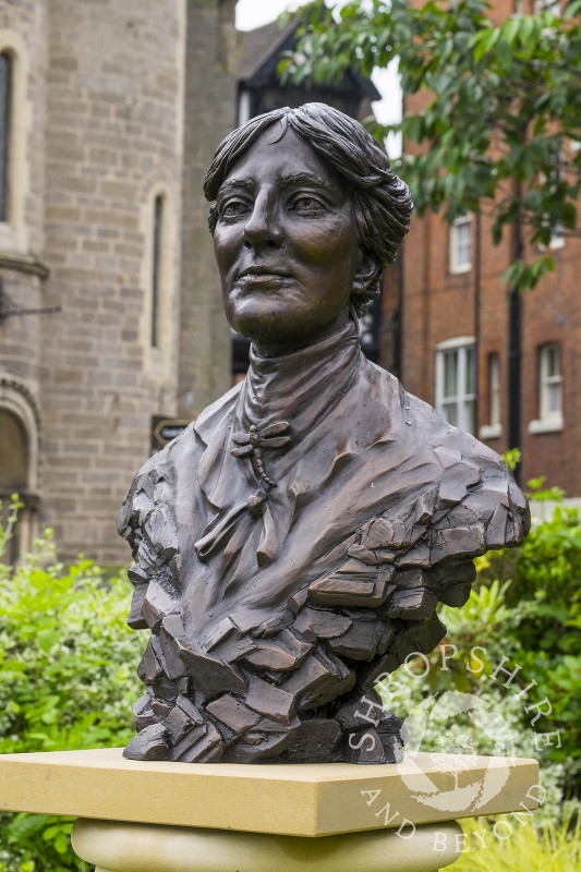 Bronze bust of the novelist Mary Webb outside Shrewsbury Library,  Shropshire. It commemorates the centenary of the publication of her first book, The Golden Arrow.