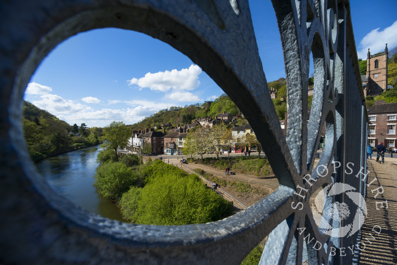 A view through the railings of the Iron Bridge in Ironbridge, Shropshire, England.