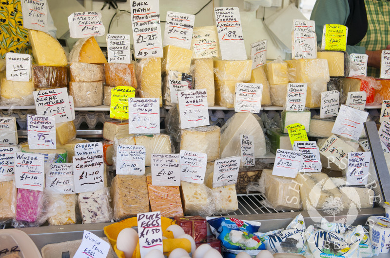 Cheese for sale at the market in Ludlow, Shropshire, England.