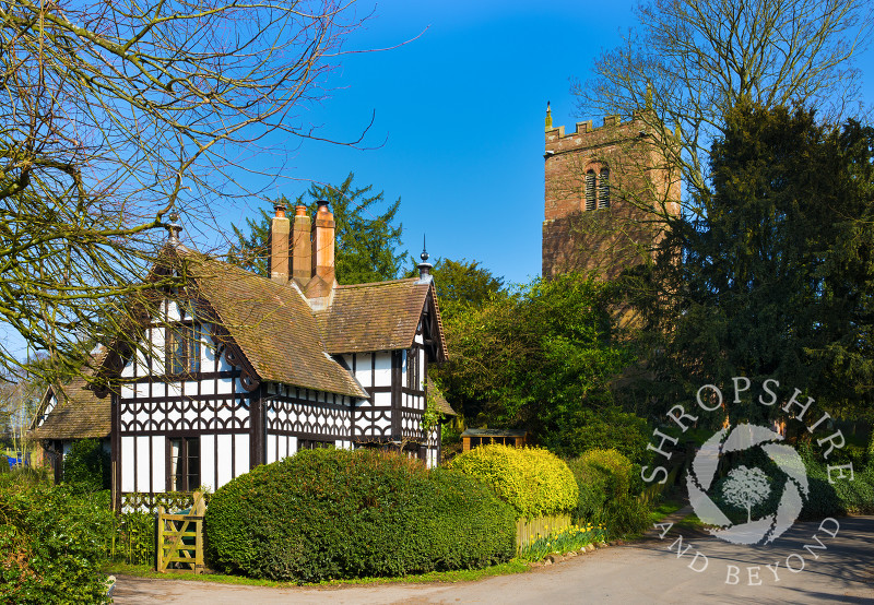 St Mary's Church and a black and white cottage in Sheriffhales, near Shifnal, Shropshire.