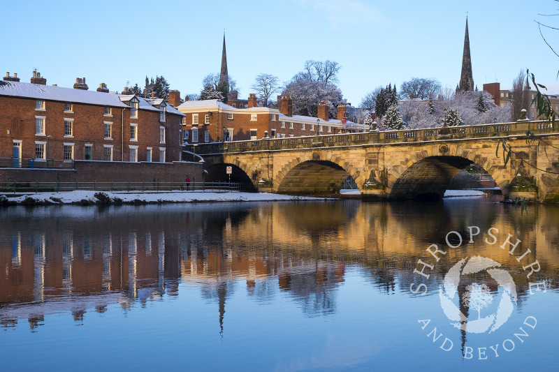 Winter at English Bridge, Shrewsbury, Shropshire.
