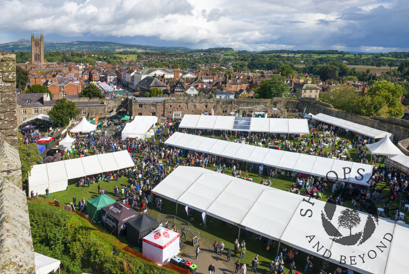 The 2017 Ludlow Food Festival seen from the great tower of Ludlow Castle, Shropshire.