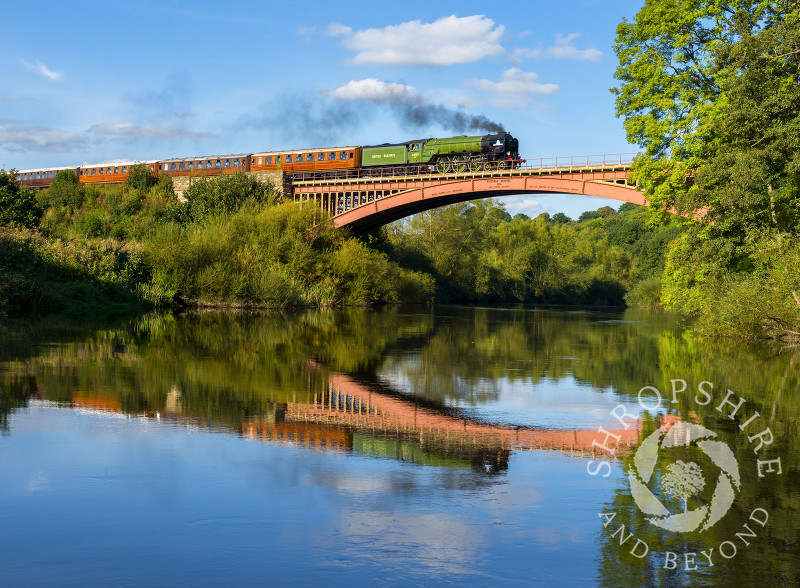 Steam Locomotive 60163 'Tornado' reflected in the River Severn as it crosses Victoria Bridge on the Severn Valley Railway near Arley, Worcestershire.