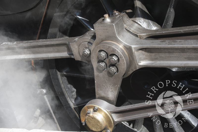 A close-up of a steam locomotive at Hampton Loade Station, Severn Valley Railway, Shropshire, England.