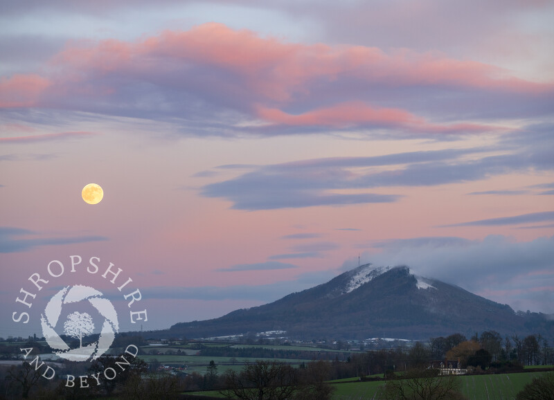 Winter moonrise over the Wrekin, seen from near Cound, Shropshire.