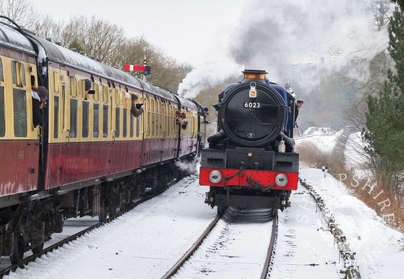 King Edward II steam locomotive pulling into Hampton Loade station on the Severn Valley Railway, Shropshire.
