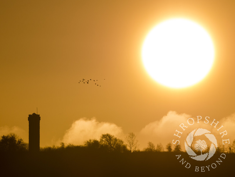 Sunrise over Flounders' Folly on Callow Hill, near Craven Arms, Shropshire.