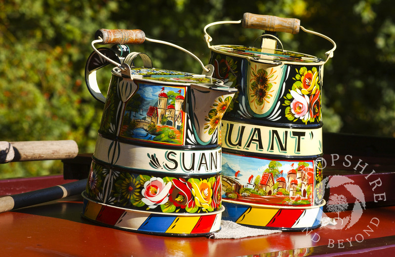 Traditional canal ware on a narrowboat at Ellesmere, Shropshire, England.