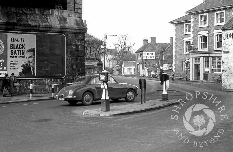 The post office and Shifnal Garage pictured in Victoria Road, Shifnal, Shropshire, 1965.