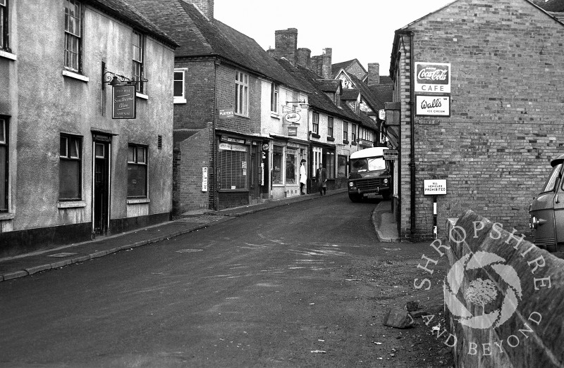 Church Street with the Old Bell public house and Niblett's shop in Shifnal, Shropshire, in 1965.