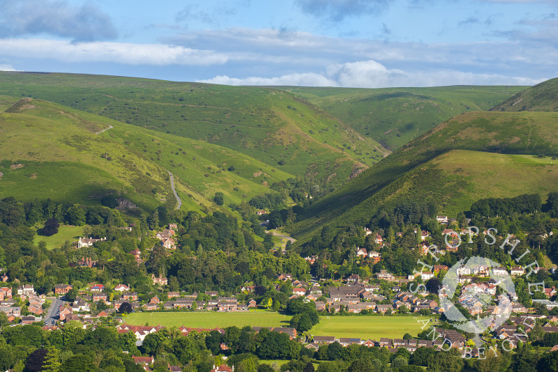 The town of Church Stretton and Carding Mill Valley seen from Gaer Stone in South Shropshire.