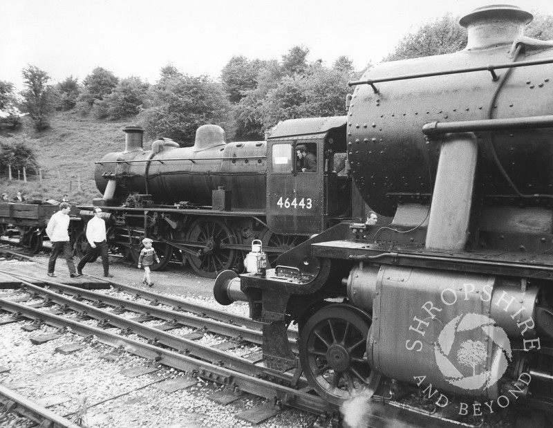 Steam locomotives 46443 and 48773 at Bridgnorth Station on the Severn Valley Railway, Shropshire, 1968.