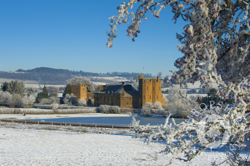 Stokesay Castle in winter snow, Shropshire, England.