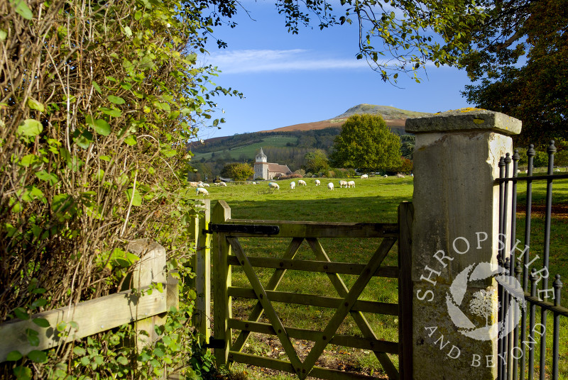 Looking over a gate towards St Mary's Church and Titterstone Clee Hill at Bitterley, near Ludlow, Shropshire, England.