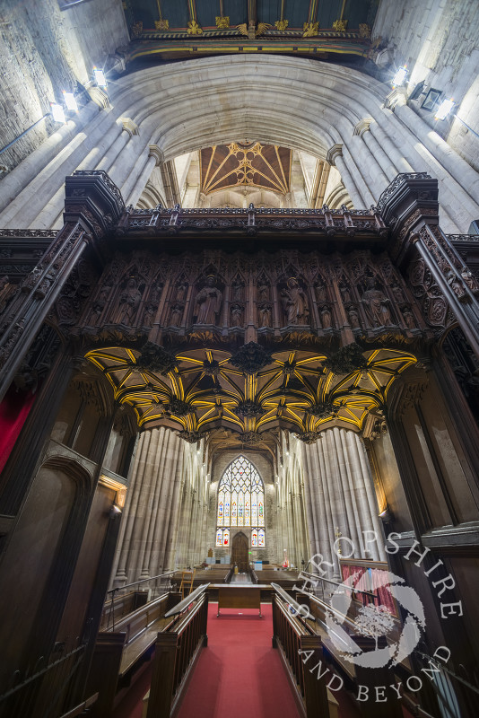 The view from the chancel towards the west window of St Laurence's Church in Ludlow, Shropshire.