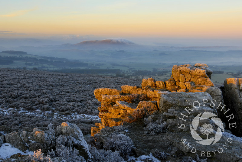 Winter sunrise on the Stiperstones, looking to Corndon Hill, Shropshire, England.