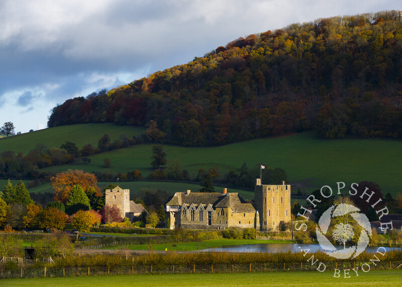 The fortified manor house of Stokesay Castle and Church of St John the Baptist in autumn, Shropshire.