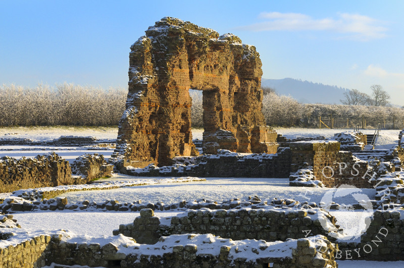 Winter snow at Wroxeter Roman city (Viroconium) near Shrewsbury, Shropshire.