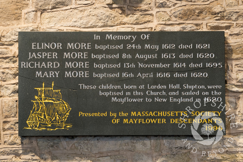 Memorial tablet in St James' Church, Shipton, Shropshire, to children of the More family who sailed to America on the Mayflower in 1620