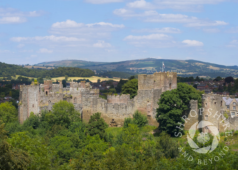 Ludlow Castle and Brown Clee seen from Whitcliffe Common, Shropshire.