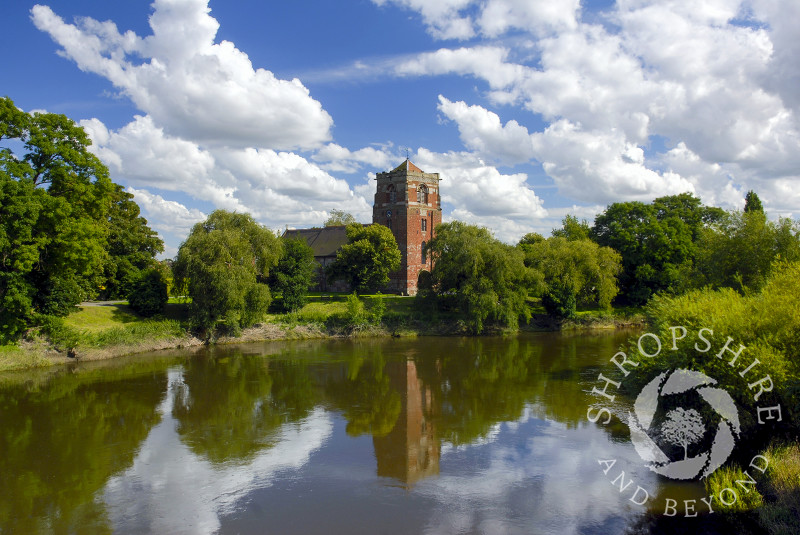 St Eata's Church reflected in the River Severn at Atcham, Shropshire.