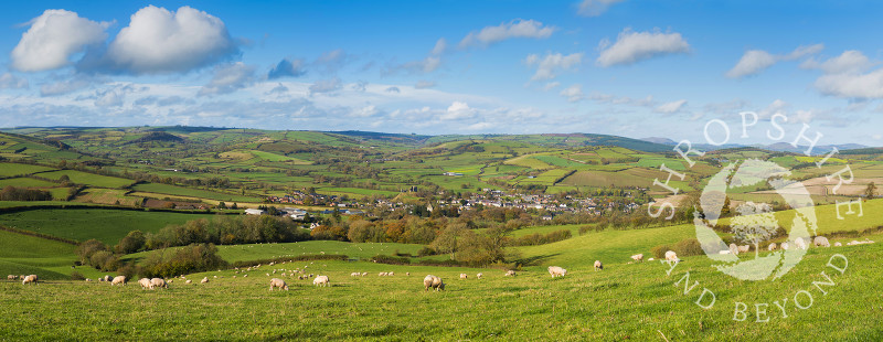 A panoramic view of Clun in the Shropshire Hills, England.
