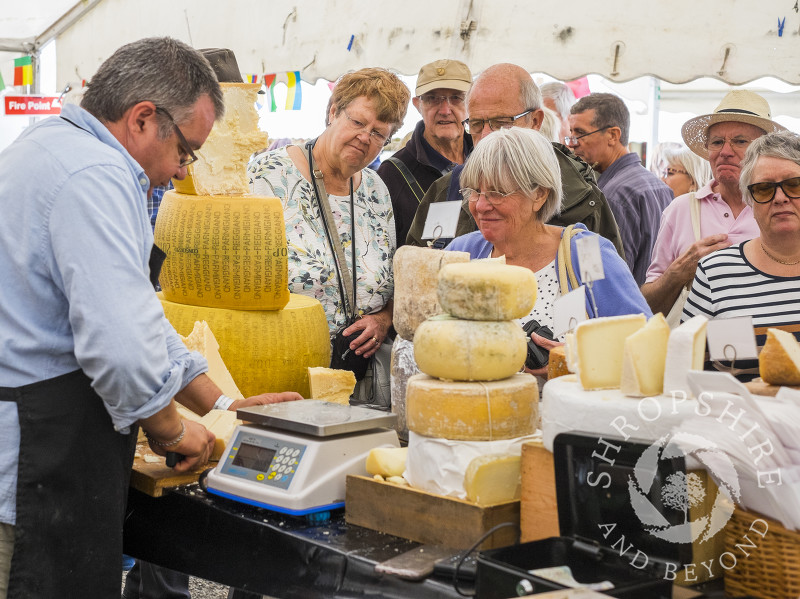 Visitors queue up for cheese at the 2016 Ludlow Food Festival, Shropshire.