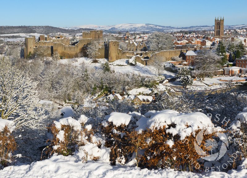 Snow covers the medieval market town of Ludlow, Shropshire.