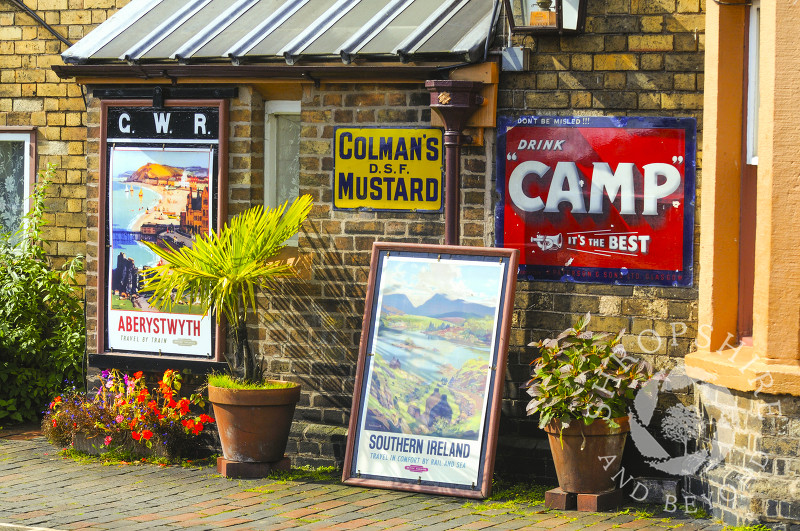Vintage advertising signs on the platform at Hampton Loade Station, Severn Valley Railway, Shropshire, England.