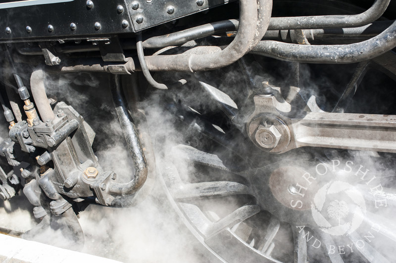 Close-up of a steam locomotive at Hampton Loade Station, Severn Valley Railway, Shropshire, England.