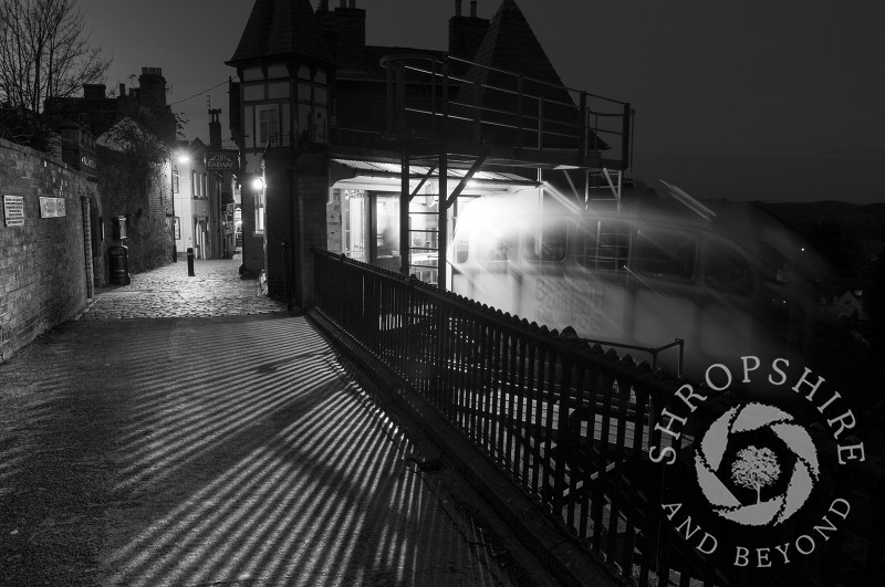 The Cliff Railway at night in Bridgnorth, Shropshire, England.