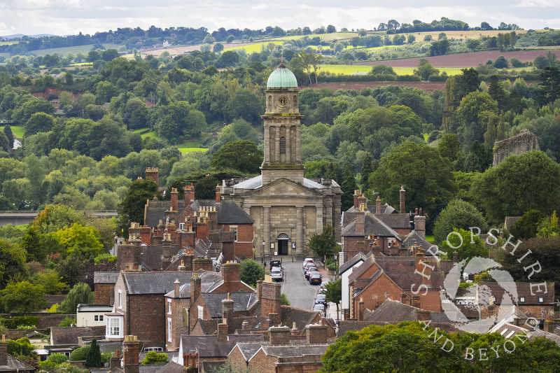 St Mary's Church and surrounding countryside seen from the tower of St Leonard's Church, Bridgnorth, Shropshire.